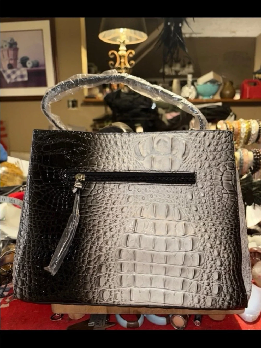 Black Croc-Embossed Women's Bag